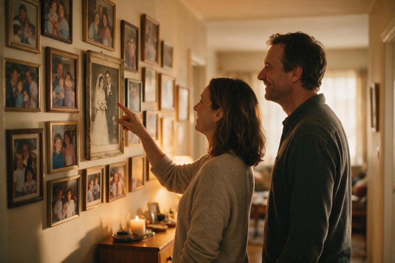Ein Ehepaar steht im Flur vor einer Wand mit gerahmten Familienfotos aus mehreren Jahrzehnten und zeigt auf das alte Hochzeitsbild in der Mitte.